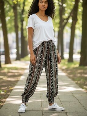 SHEIN (M) Aztec Floral Harem Pants Elastic-Waist Lightweight Cuffed Tribal NEW
